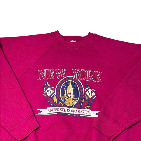 Vintage 1996 NEW YORK USA Grapic Sweatshirt Burgundy Sz 2XL Flag Retro Y2K Relax - Picture 2 of 8